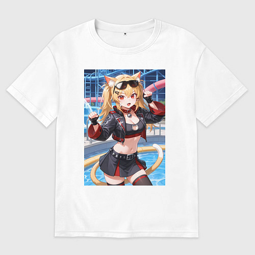 Мужская футболка оверсайз Burnice White с кошачьими ушками в позе кошки / Белый – фото 1