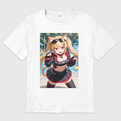 Мужская футболка оверсайз Burnice White с кошачьими ушками в позе кошки / Белый – фото 1