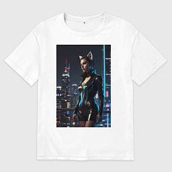 Мужская футболка оверсайз Девушка с кошачьими ушами стоит на фоне небоскребо