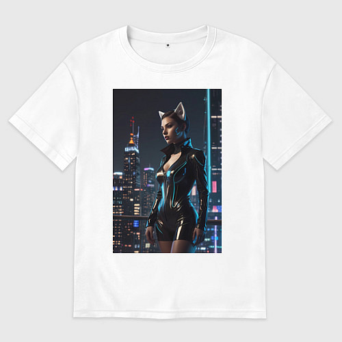 Мужская футболка оверсайз Девушка с кошачьими ушами стоит на фоне небоскребо / Белый – фото 1