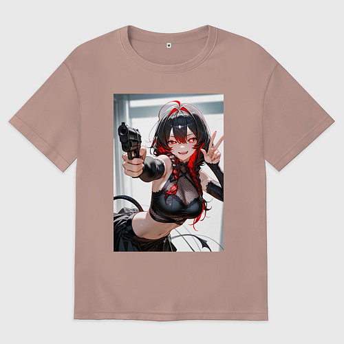 Мужская футболка оверсайз Девушка-демон с пистолетом / Пыльно-розовый – фото 1