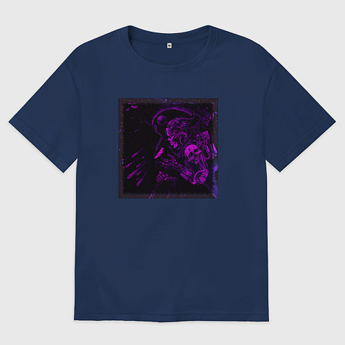 Мужская футболка оверсайз Самурай неоновый киборг / Тёмно-синий – фото 1