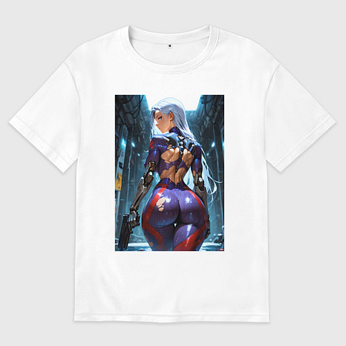 Мужская футболка оверсайз Девушка с оружием в киберпанк стиле / Белый – фото 1