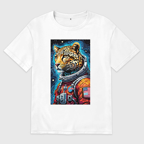 Мужская футболка оверсайз Леопард бравый космонавт - нейроарт / Белый – фото 1