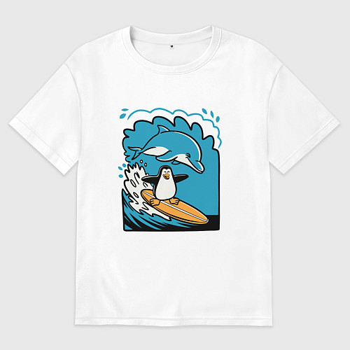 Мужская футболка оверсайз Пингвин покорил волну / Белый – фото 1