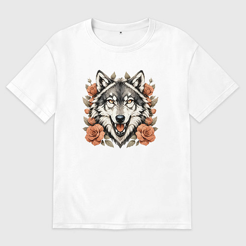 Мужская футболка оверсайз Голова волка в цветах / Белый – фото 1