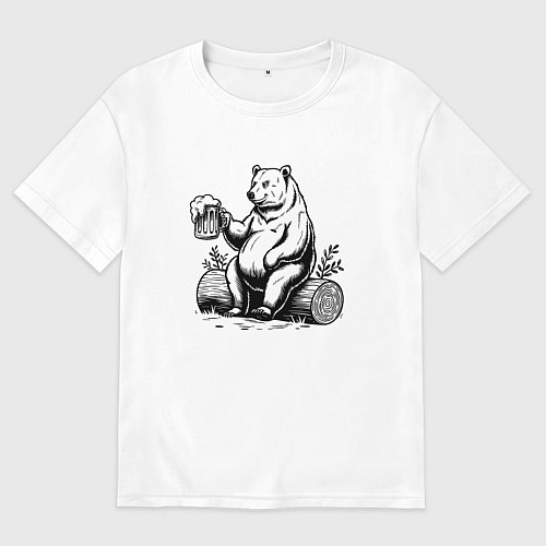 Мужская футболка оверсайз Медведь с пивом / Белый – фото 1