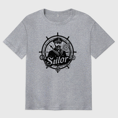 Мужская футболка оверсайз Моряк капитан на штурвале / Меланж – фото 1
