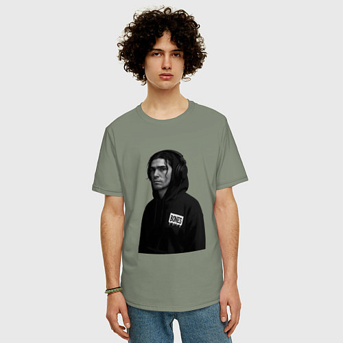 Мужская футболка оверсайз Bones в капюшоне с наушниками / Авокадо – фото 3