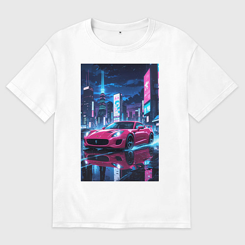 Мужская футболка оверсайз Вишневый спорткар по мокрой дороге / Белый – фото 1