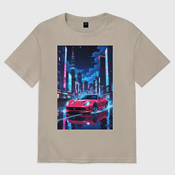 Футболка оверсайз мужская Вишневый спорткар по мокрой дороге, цвет: миндальный