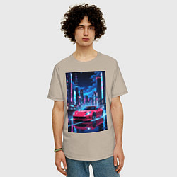 Футболка оверсайз мужская Вишневый спорткар по мокрой дороге, цвет: миндальный — фото 2