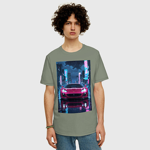 Мужская футболка оверсайз Вишневый спорткар по мокрой дороге / Авокадо – фото 3