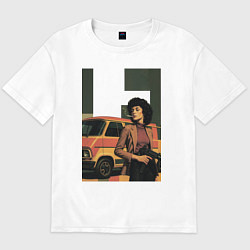Футболка оверсайз мужская Девушка с автоматом на фоне минивэна ретрофутуризм, цвет: белый