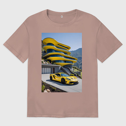 Мужская футболка оверсайз Желтый суперкар у дома / Пыльно-розовый – фото 1