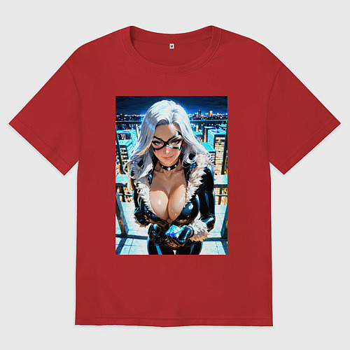 Мужская футболка оверсайз Черная кошка с брилиантом на крыше здания / Красный – фото 1