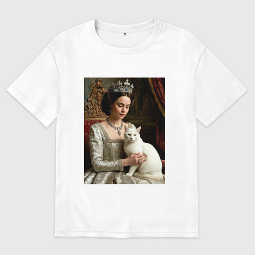 Мужская футболка оверсайз Королева с белым котом / Белый – фото 1