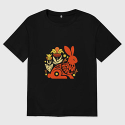 Футболка оверсайз мужская Рыжий заяц жёлтые цветы, цвет: черный