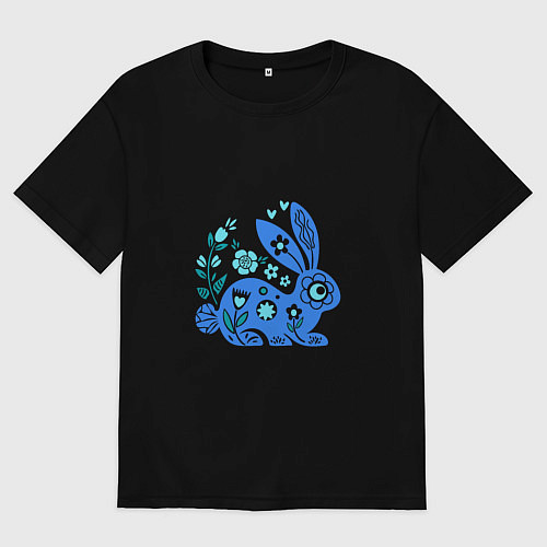 Мужская футболка оверсайз Синий заяц - голубые цветы / Черный – фото 1