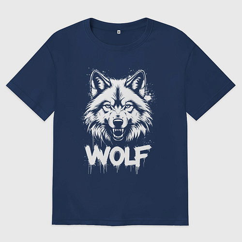 Мужская футболка оверсайз Яростный волк / Тёмно-синий – фото 1