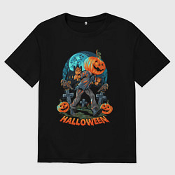 Футболка оверсайз мужская Человек тыква, цвет: черный