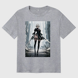 Футболка оверсайз мужская Девушка-андроид с катанами посреди руин, цвет: меланж