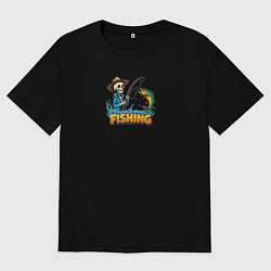 Футболка оверсайз мужская Скелет со спиннингом на рыбалке, цвет: черный