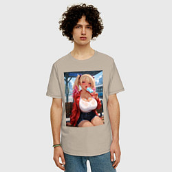 Футболка оверсайз мужская Sexy гяру с мороженным - аниме, цвет: миндальный — фото 2