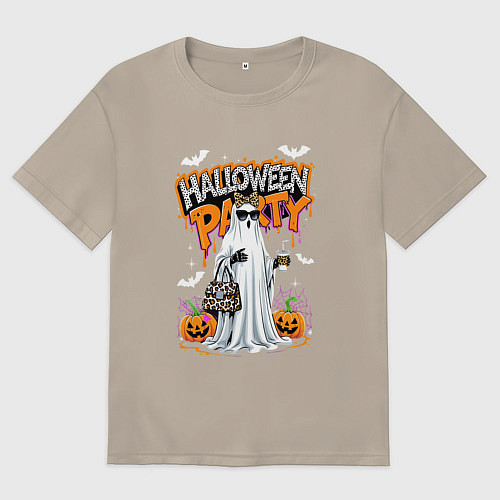 Мужская футболка оверсайз Привидение на вечеринке Хэллоуин / Миндальный – фото 1