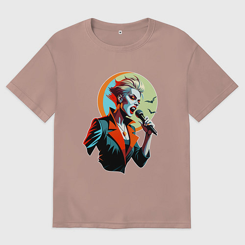 Мужская футболка оверсайз Певица рок вампир с микрофоном / Пыльно-розовый – фото 1