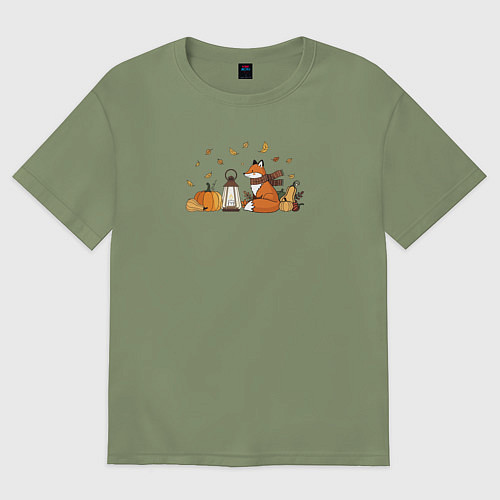 Мужская футболка оверсайз Лиса с тыквами и фонарём / Авокадо – фото 1