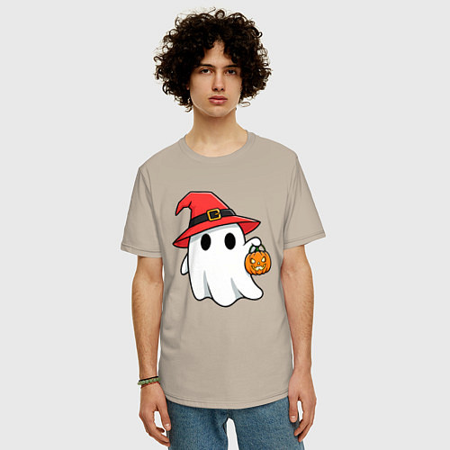 Мужская футболка оверсайз Призрак в красной шляпе / Миндальный – фото 3