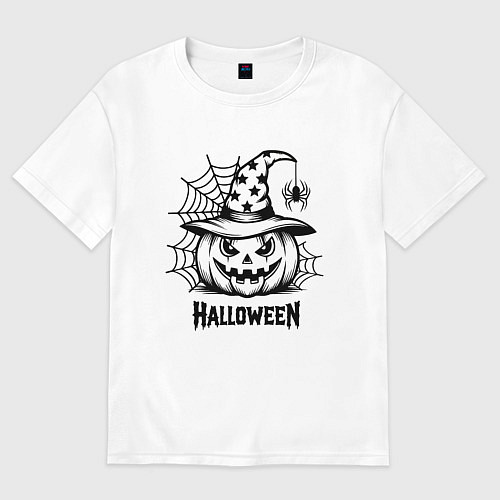 Мужская футболка оверсайз Хэллоуин, тыква и паук / Белый – фото 1