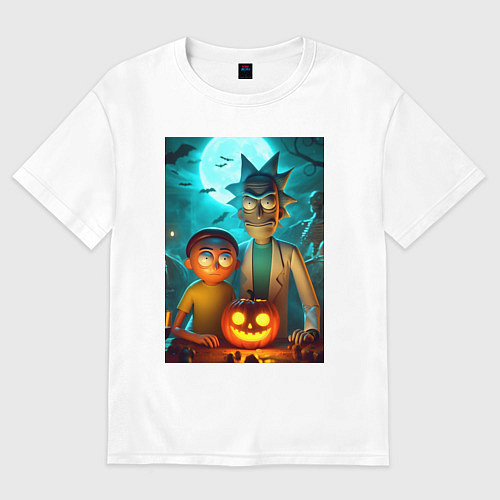 Мужская футболка оверсайз Rick and Morty with pumpkin - halloween night / Белый – фото 1