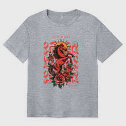 Футболка оверсайз мужская Красный огненный конь на закате с розами тату, цвет: меланж