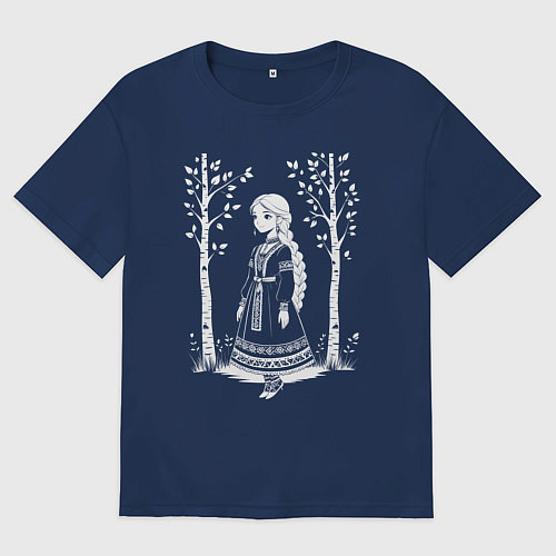 Мужская футболка оверсайз Девочка в этническом наряде в лесу / Тёмно-синий – фото 1