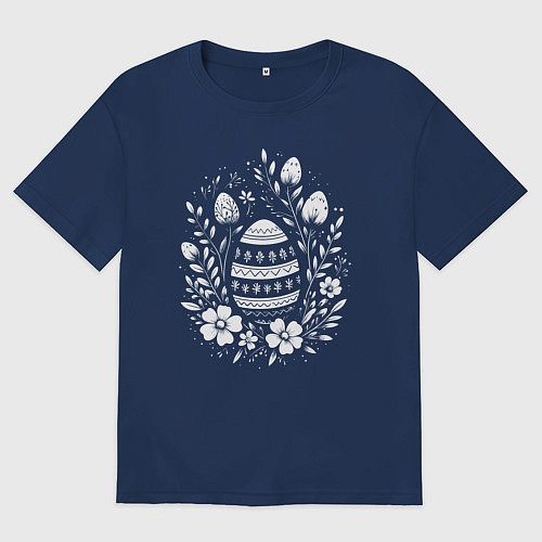 Мужская футболка оверсайз Пасхальное яйцо в цветах / Тёмно-синий – фото 1