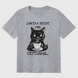 Футболка оверсайз мужская Завтра бесит уже сегодня - недовольный кот на рабо, цвет: меланж