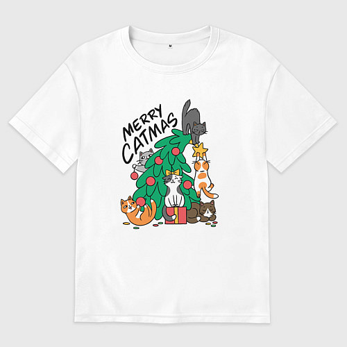 Мужская футболка оверсайз Merry catmas / Белый – фото 1