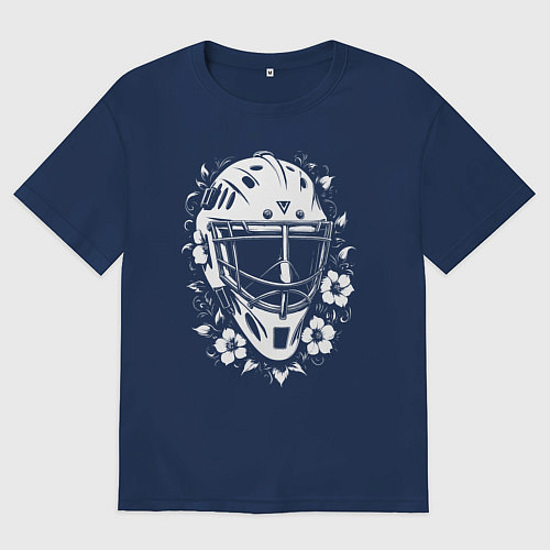 Мужская футболка оверсайз Шлем-маска в цветочном обрамлении / Тёмно-синий – фото 1