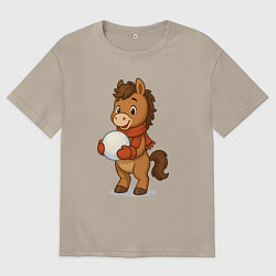 Футболка оверсайз мужская Лошадка и снежный шар, цвет: миндальный