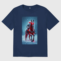 Футболка оверсайз мужская Кибер-Санта: всадник на красной лошади, цвет: тёмно-синий