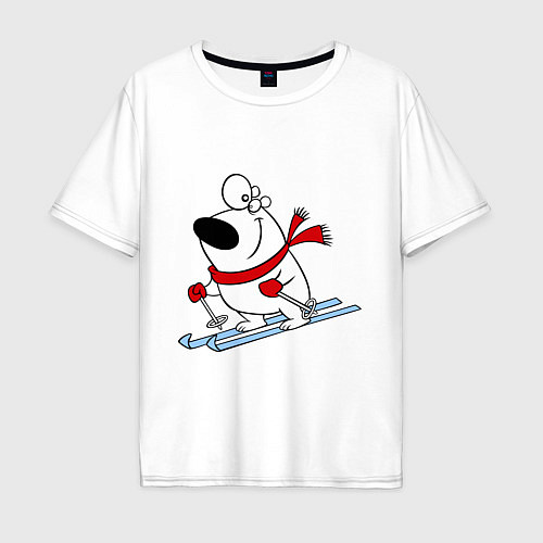 Мужская футболка оверсайз Мишка на лыжах / Белый – фото 1