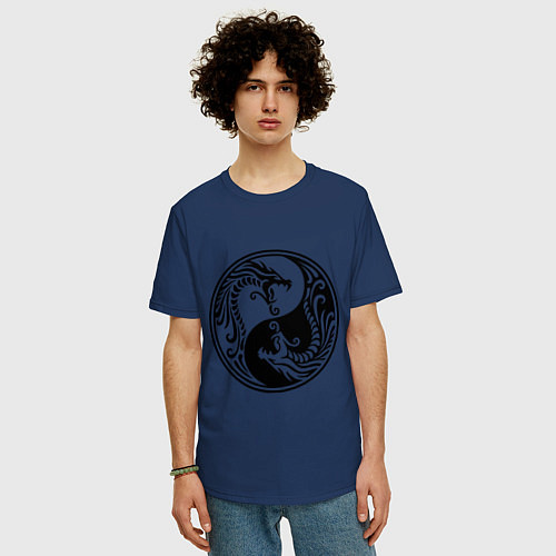 Мужская футболка оверсайз Два дракона Инь Янь / Тёмно-синий – фото 3