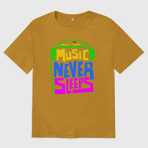 Мужская футболка оверсайз Music never sleeps / Горчичный – фото 1