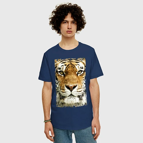 Мужская футболка оверсайз Tiger Face: retro style / Тёмно-синий – фото 3