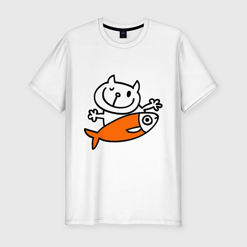 Мужская slim-футболка Кот и большая рыба / Белый – фото 1