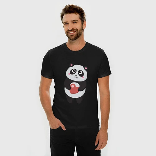 Мужская slim-футболка Панда с сердечком / Черный – фото 3