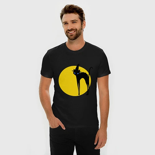 Мужская slim-футболка Кот и луна / Черный – фото 3