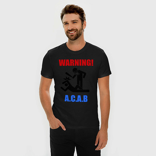Мужская slim-футболка Warning A.C.A.B / Черный – фото 3